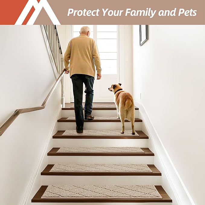 COSY HOMEER Edging Stair Treads Non-Slip Carpet Mat 28inX9in Indoor Stair Runners for Wooden Steps, Edging Stair Rugs for Kids and Dogs, 100% Polyester TPE Backing(4pc, Beige)