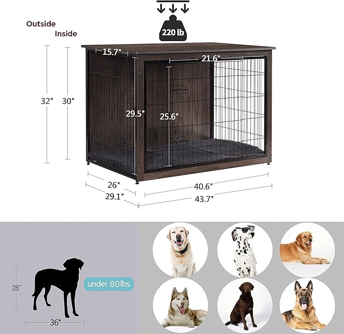 DWANTON Dog Crate Furniture with Cushion, Wooden Kennel Table with Double Doors, Indoor Dog House, Extra Large Size, 43.3" L, Dark Gray