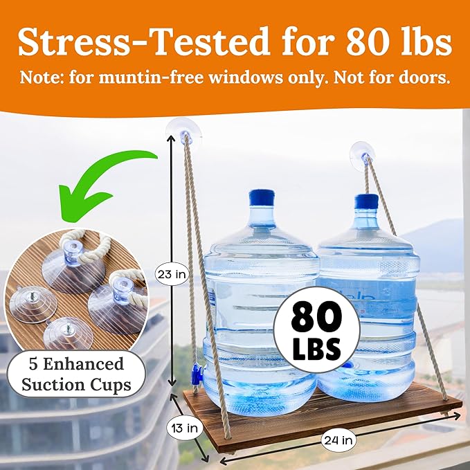 Cat Window Perch for Large Cats - Hammock Bed for Heavy Indoor Cats - Solid Wood Seat, 5 Strong Suction Cups, Soft Cushion - Rustic Shelf for Pets Inside