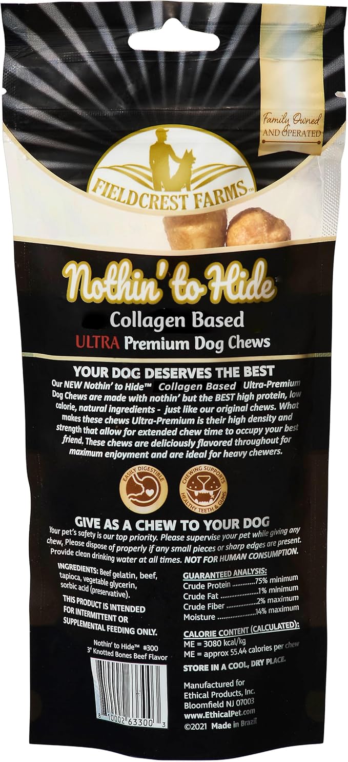 Fieldcrest Farms Nothin' to Hide 3 inch Ultra Knotted Bone Treats - Natural Rawhide Alternative Treats for Dogs, Collagen Based Snack for Heavy Chewers up to 15lbs - Beef Flavor, 12 Pack