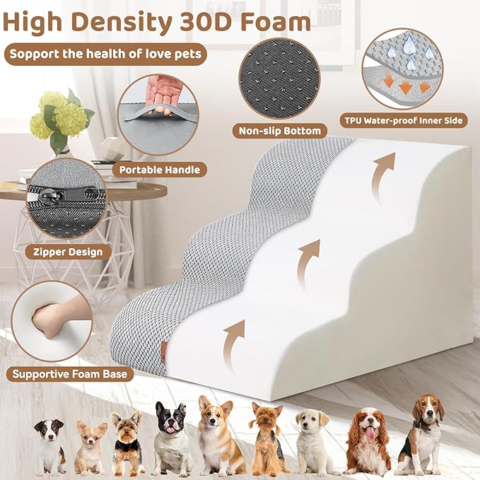 Dog Ramp and Stair for Bed 16" H-20 H,3-Step Cat Stair for Sofa and Chair,4-Step Dog Ramp for High Bed and Window,Durable Nonslip Fabric Cover for Indoor (Light Grey-16 H, Pet Friendly, 3)