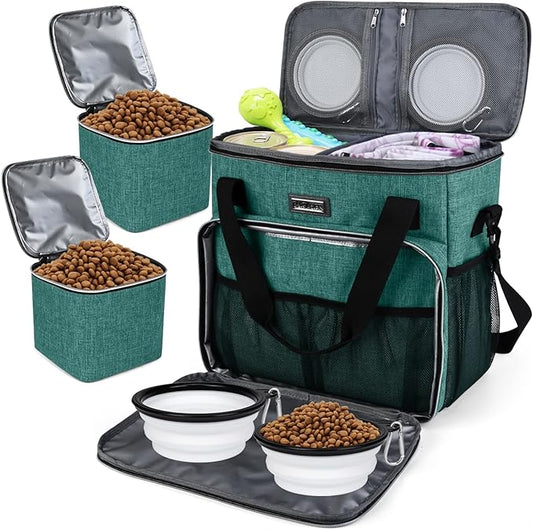 BAGLHER Pet Travel Set Airline-Approved Carrier for Small/Medium Cats & Dogs + Travel Bag with Food Containers & Silicone Bowls, Grey & Green