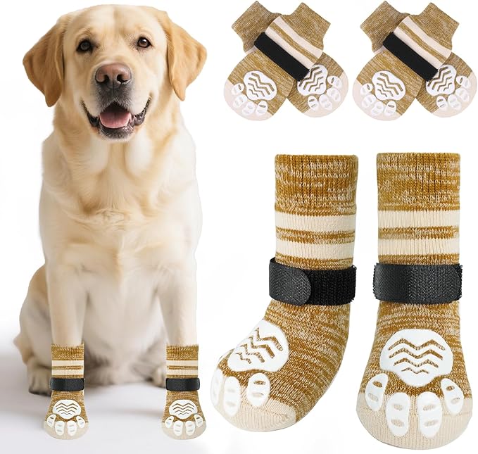 PUPTECK Non-Slip Dog Socks to Prevent Licking Paws, Double Sides Dog Boots & Paw Protectors Booties Traction on Hardwood Floors Hot Pavement with Grippers, for Small Medium Large Senior Dogs, Khaki L
