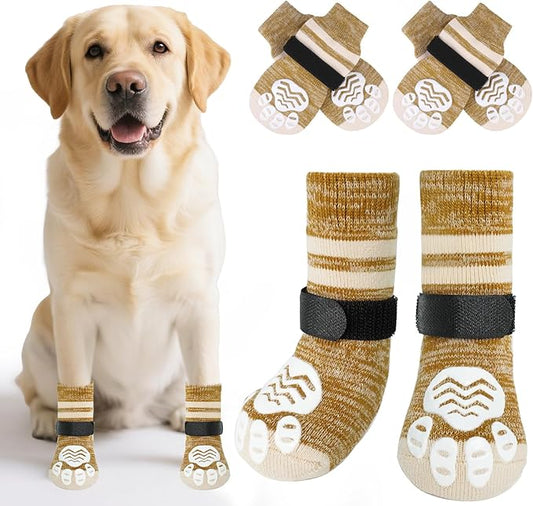 PUPTECK Non-Slip Dog Socks to Prevent Licking Paws, Double Sides Dog Boots & Paw Protectors Booties Traction on Hardwood Floors Hot Pavement with Grippers, for Small Medium Large Senior Dogs, Khaki L