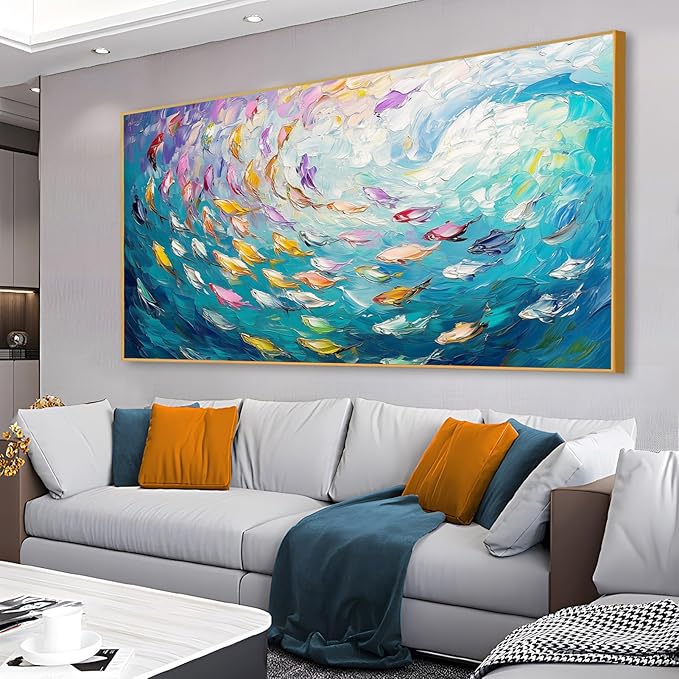 Fish Canvas Wall Art, Abstract School of Fish Canvas Wall Art, School of Fish Painting Canvas, School of Fish Wall Art, Fish Wall Decor, Fish Pictures Wall Decor, Bedroom Canvas Wall Decor (Black Framed, 59"x33" | 150x84cm)