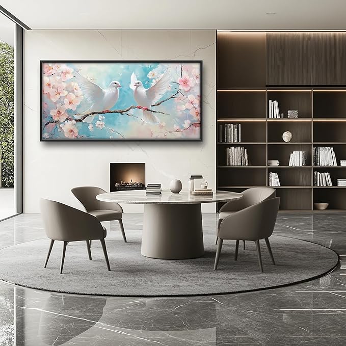 Large White Dove Flower Wall Art for Living Room, Framed Oversized Pigeon Cherry Blossom Wall Decor Nature Canvas Painting Modern Artwork for Living Room Bathroom Bedroom Office Dining Room 60"x30"