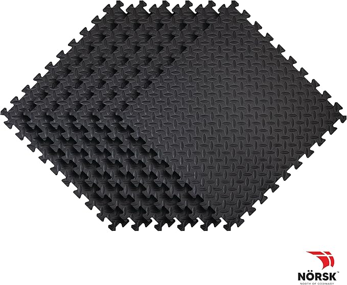 Norsk Foam Floor Gym Mats with Interlocking Tiles, .47" Thick, 24"x24", 30-Pack, 120 Square Feet, Diamond Plate Design, Black