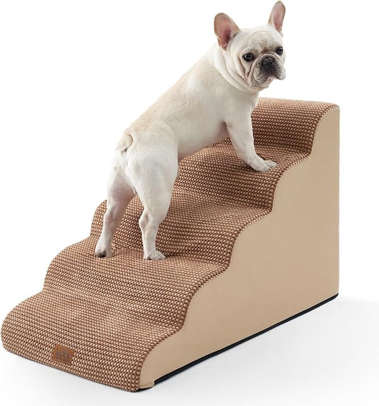 Extra Wide Dog Stairs 19.7" Width, Large Pet Step for Small Medium Dog, Puppy or Cat, Ramp for High Bed or Car, High Density Foam Ladder, Stable, 5 Step, 19.7x33x22.4 inch, Light Brown