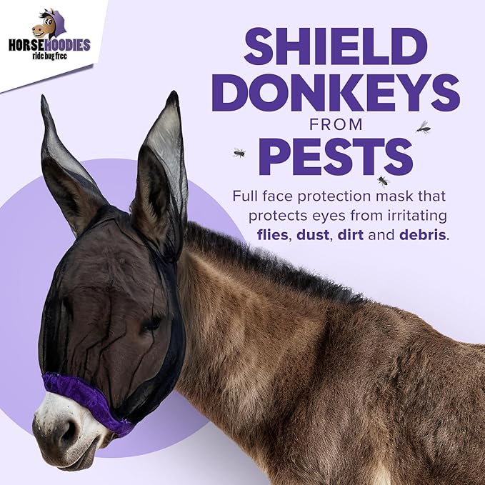 Donkey Fly Mask with Long Ears (Purple) Made in USA - Mule Fly Mask with Ears Protection from Insects and Bugs, Mini Donkey Soft Mesh Fabric with Adjustable Fastener, Face Cover Supplies for Donkeys