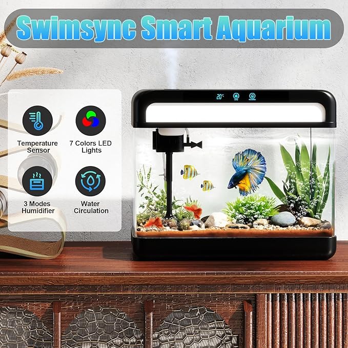 Fish Tank 3 Gallon Smart Aquarium Kits with Silent Water Pump,Self Cleaning System,7 Color Lights,Temperature Display, Aromatherapy, Advanced Filtration for Small Fish Kids Room Desktop Decor