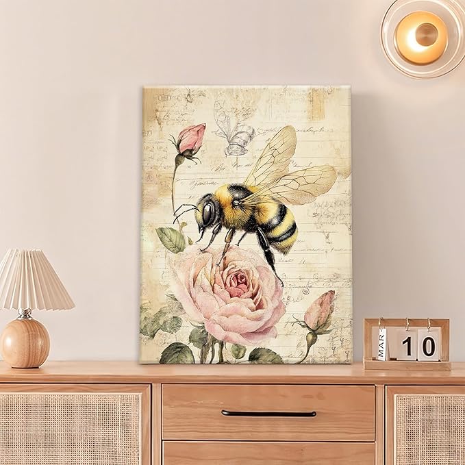 Rustic Bee Bathroom Pictures Wall Art, Vintage Floral Bathroom Wall Decor, Pink Rose Flower Framed Painting Canvas Artwork for Bedroom Living Room Decorations 16"L x 12"W