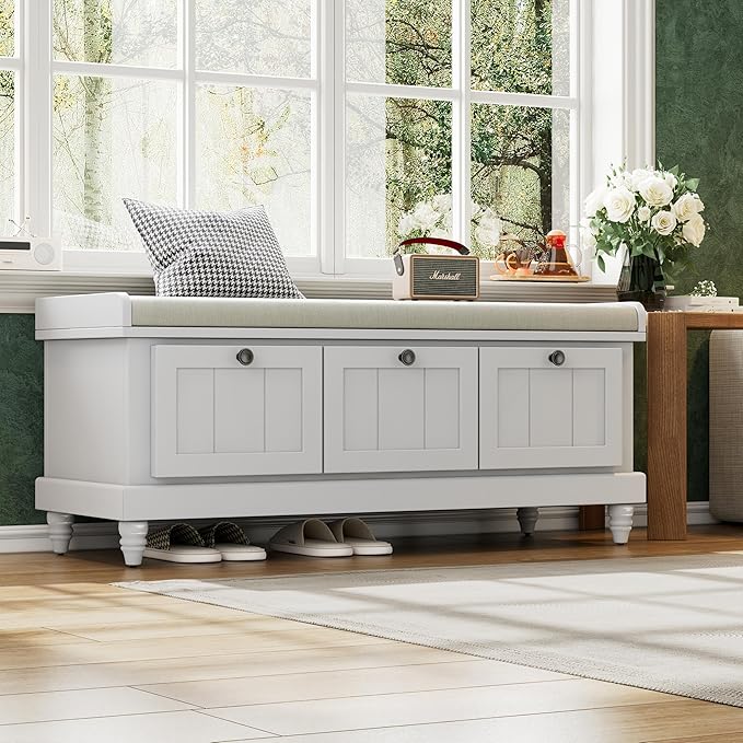 Classic Shoe Storage Bench with Cushion and Three Drawers, Fluted Entryway Bench with Storage for Entryway, Living Room, Hallways 44.0" L x 15.9" W x 18.9" H Gray Wash