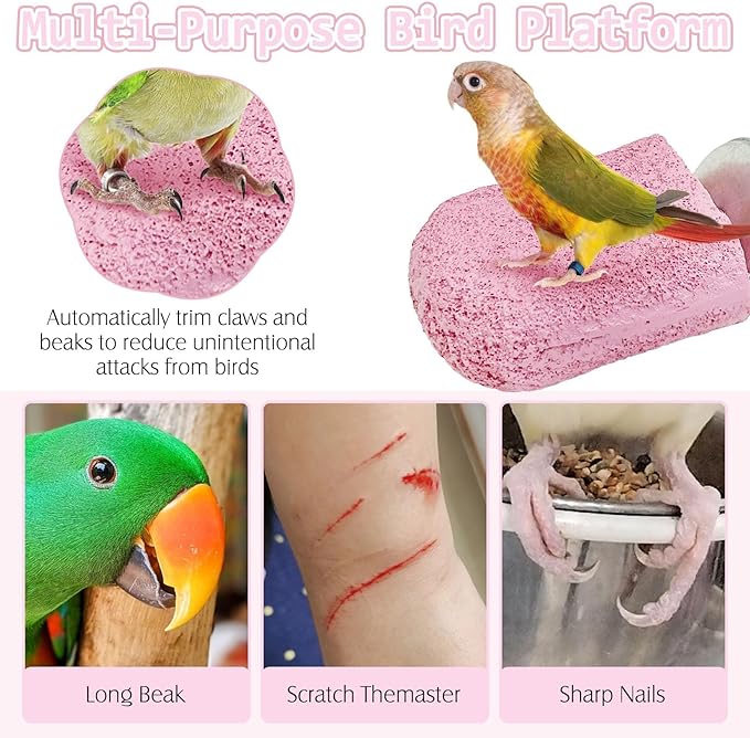 PINVNBY 5 Pack Bird Perch Resin Bird Beak Grinding Stone Parrot Cage Perch Stand Platform Foot Claws Trimmer Chew Toy Bird Cage Accessories for Budgie Cockatiel Conure Lovebird Finch (Pink)