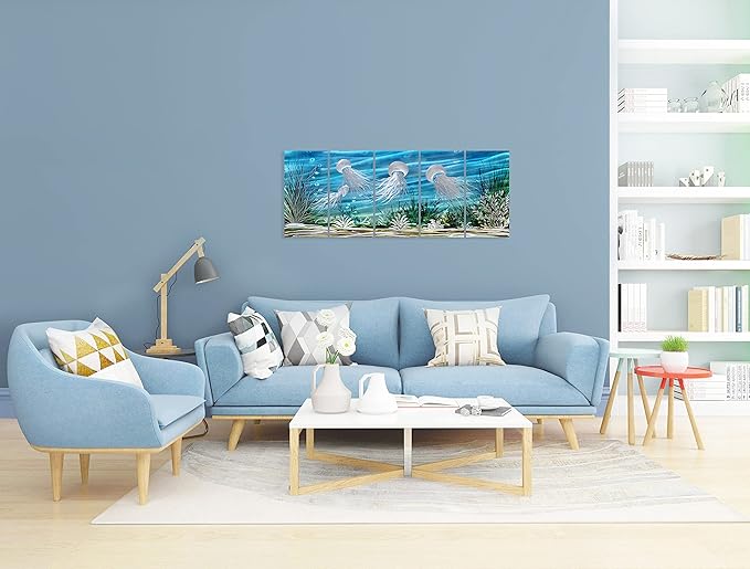 SYGALLERIER Coastal Metal Wall Art Handcrafted 3D Jelly Fish Aluminum Artwork Modern Sea World Pictures Contemporary Abstract Sculpture for Living Room Bedroom Bathroom Decor