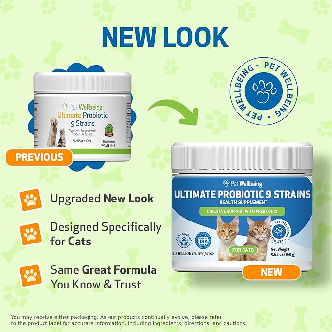 Pet Wellbeing Ultimate Probiotic 9 Strains with Prebiotics for Cats - Supports the Gut Microbiome and Digestion, Immune System Care, Urinary Tract Health, FOS, 2.5 billion CFU - 5.64 oz (160 g) Powder