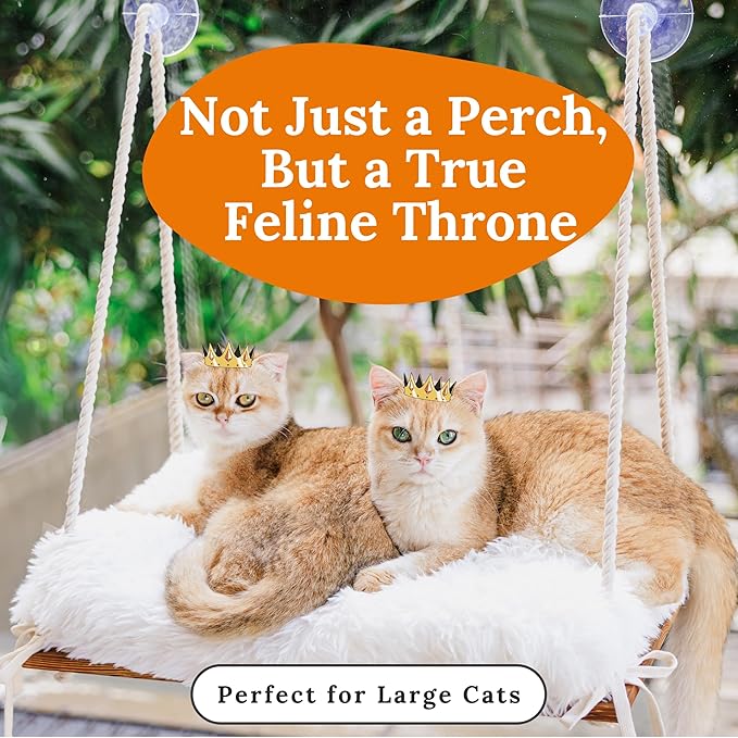 Cat Window Perch for Large Cats - Hammock Bed for Heavy Indoor Cats - Solid Wood Seat, 5 Strong Suction Cups, Soft Cushion - Rustic Shelf for Pets Inside