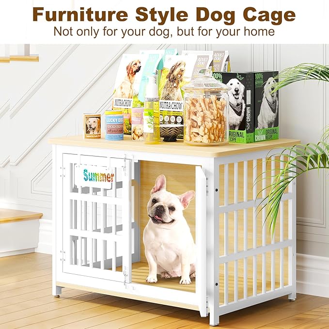 EasyCom 33" Dog Crate Furniture with Name Tag, Heavy Duty Dog Kennel Indoor for Medium and Small Dogs, Double-Doors Sturdy Metal Dog Cage, Decorate House as TV Stand, End Table, Bedside Table