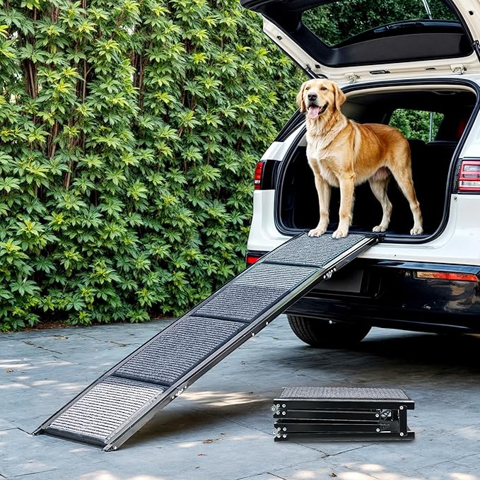 Dog Ramp for Car, 63" Folding Pet Ramp for Large Dogs up to 200 lb, 17" Wide Car Ramp for Dog, Portable Pet Stair Ramp with Nonslip Rug Surface, Outdoor Dog Ramp for Truck SUV High Bed Couch