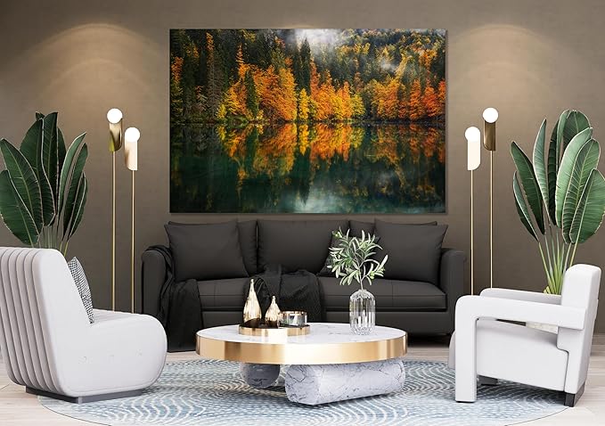 Nature Wall Art Prints - Ocean Forest Mountain Lake Canvas Landscapes - Small to Extra Large Living Room Bedroom Kitchen Bathroom Décor (Autumn by the Lake, 28L" x 41W")