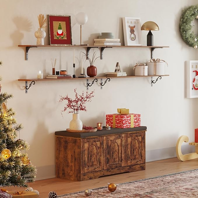 DINZI LVJ Shoe Bench, Entryway Storage Bench with Doors, Cushion, 2-Tier Shoe Rack with 6-Cubby, 39.4”L x 13.8”W Shoe Organizer Cabinet, Adjustable Shelf, Living Room, Bedroom, Rustic Brown