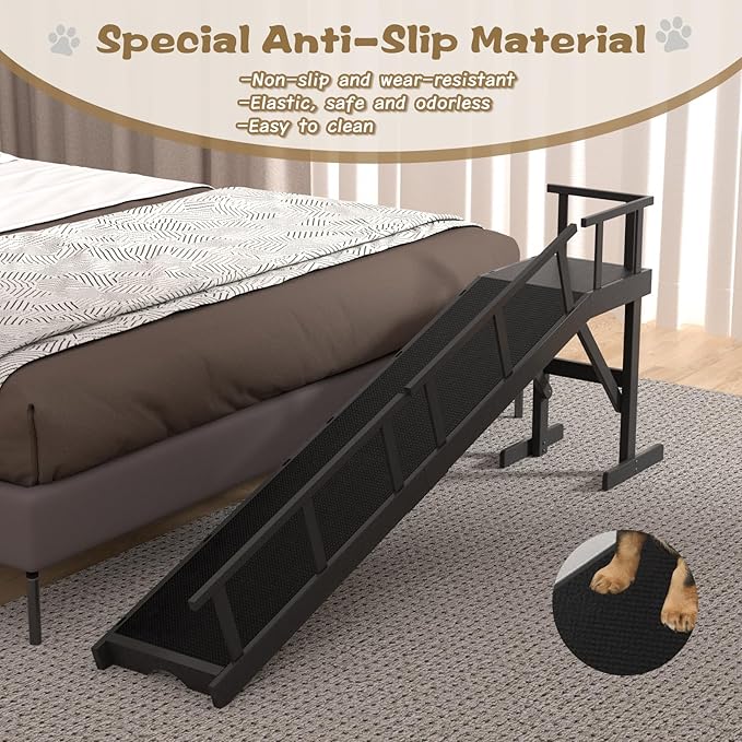 73" Dog Ramp for Bed, Pet Ramp with Removable Side Rail and Non-Slip Surface, Pet Ramp for Small & Large & Senior Dogs with Rest Platform and DIY Glow Strips,Dog Stairs for Couch, Black