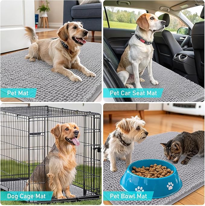 OLANLY Dog Door Mat for Muddy Paws 59x24, Absorbs Moisture and Dirt, Absorbent Non-Slip Washable Doormat, Quick Dry Chenille Mud Mat for Dogs, Entry Indoor Entryway Carpet for Inside Floor, Light Grey