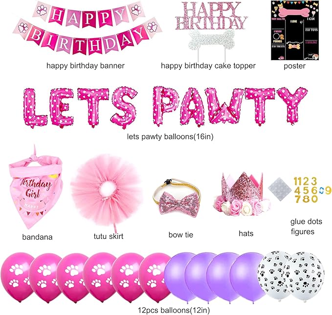 Dog Birthday Party Supplies, Pink Dog Birthday Decorations, Lets Pawty Balloons Banner Hat Bandana Tutu Skirt Outfit for Small Medium Dogs