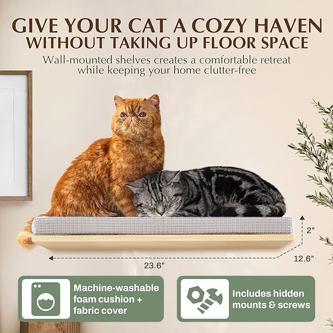 Extra Large 23.6”x12.6” CALLICO HAVEN- Stylish Cat Wall Shelves with Cushion, Modern Wall-Mounted Cat Tree Furniture, Window Cat Shelf & Perch, Sturdy/Hidden Mounts, Washable Cover - Flat Shape