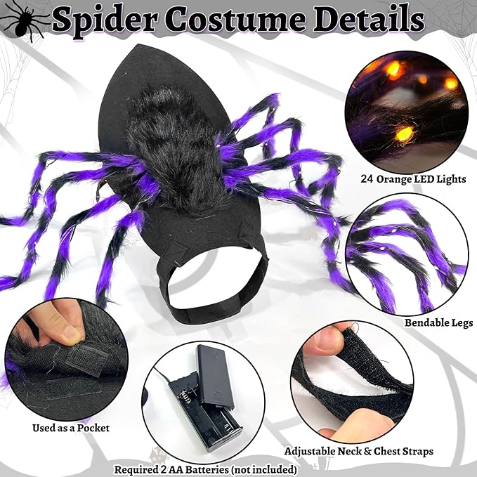 Camlinbo 24 LED Spider Dog Halloween Costume for Small Medium Large Dogs, Furry Spider with LED Lights Puppy Pet Costume Outfits Clothes Funny Halloween Costume Party Cosplay
