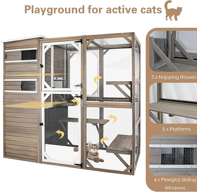 Catio Outdoor Cat Enclosure, Large Cat House Cat Cage Condo Indoor Playpen Kitty Shelter with Multi-Level Platforms, Waterproof Roof, Pull-Out Tray, and 2 Resting Boxes