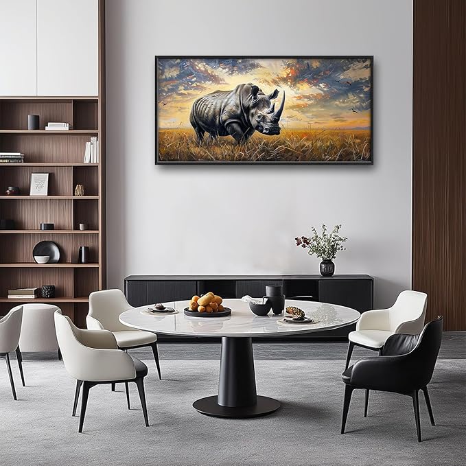 Rhino Large Wall Art Rustic Cool Wild Animal Rhinoceros Pictures Sunset Field Landscape Wall Decor Canvas Print Painting Artwork for Bathroom Living Room Bedroom 60L" x 30W"