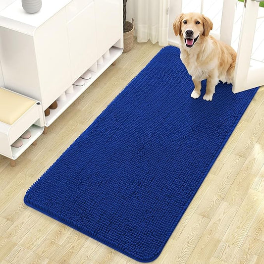 OLANLY Dog Door Mat for Muddy Paws 47x24, Absorbs Moisture and Dirt, Absorbent Non-Slip Washable Doormat, Quick Dry Chenille Mud Mat for Dogs, Entry Indoor Entryway Carpet for Inside Floor, Royal Blue