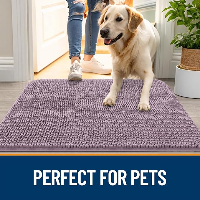 OLANLY Dog Door Mat for Muddy Paws 34x21, Absorbs Moisture and Dirt, Absorbent Non-Slip Washable Doormat, Quick Dry Chenille Mud Mat for Dogs, Entry Indoor Entryway Carpet for Inside Floor, Deep Plum