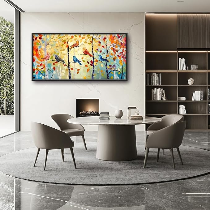 Extra Large Framed Abstract Bird Forest Wall Art,Colorful Birds Birch Tree Wall Decor Pictures for Living Room,Canvas Print Painting Modern Artwork Bedroom Office Bathroom Home Decor 60L x 30W