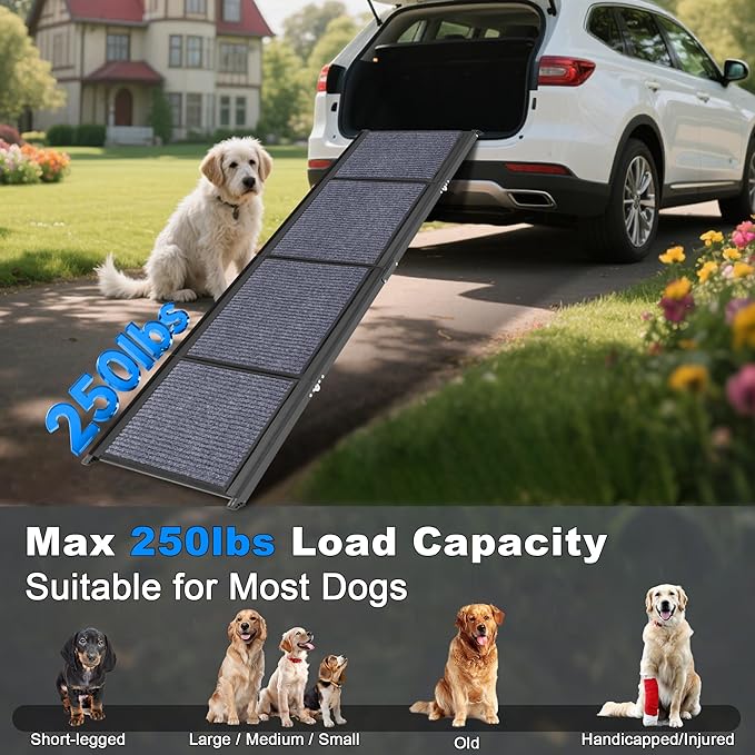 AQUILLA Dog Ramp for Car, 67" Aluminum Foldable Pet Ramp with Anti-Slip Soft Surface, Outdoor Portable Pet Ramp for Old & Medium & Large Dogs Enter Caravans, High Bed, Up to 250LBS (67" L x 17.3" W)
