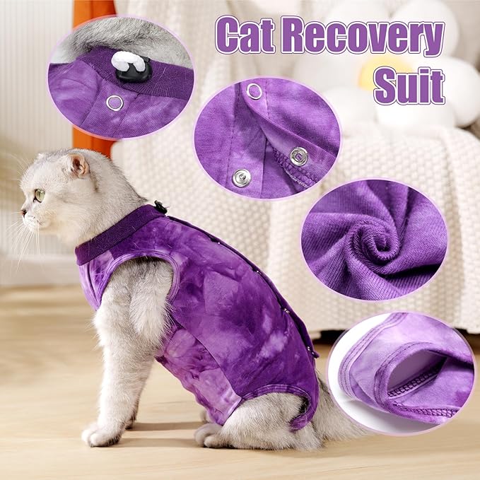 Cat Recovery Suit for Male and Female Surgical Post Surgery Soft Cone Onesie Tie Dye Cats Shirt Clothes Neuter Licking Protective Diapers Outfit Cover Kitten Spay Collar Alternative(Purple, S)