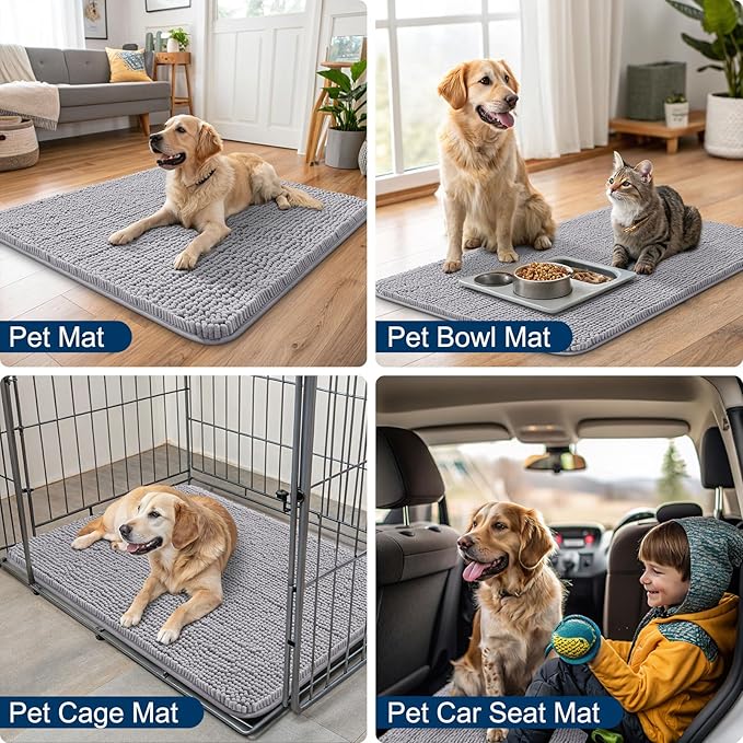 Smiry Dog Door Mat for Muddy Paws 70x24, Absorbs Moisture and Dirt Doormat, Non-Slip Washable Quick Dry Chenille Front Door Mat Indoor Entrance, Entryway Carpet for Inside Floor, Light Grey