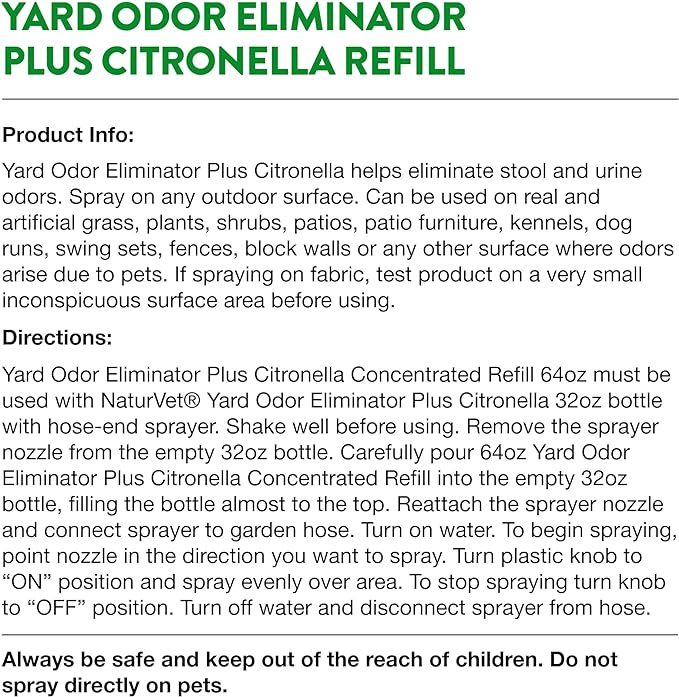 NaturVet – Yard Odor Eliminator Plus Citronella Spray – Eliminate Stool and Urine Odors from Lawn and Yard – Designed for Use on Grass, Patios, Gravel, Concrete & More – 64oz Refill (No Hose Nozzle)