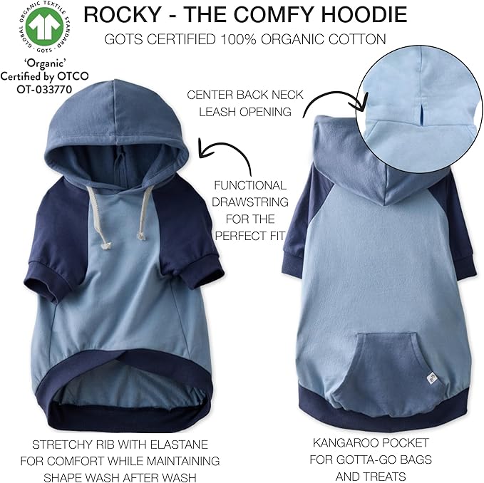 Rocky – The Orginal Lightweight Hooded TEE 100% Organic Cotton Dog Hoodie Pet Coat Sweater for Small, Medium, Large Dogs, Navy Color Block, Medium