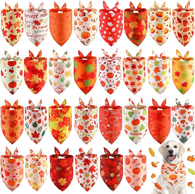 Chunful 30 Pcs Fall Bandanas for Dogs Autumn Dog Bandanas with Maple Leaves Pumpkin Patterns Soft Bibs Adjustable Triangle Doggie Scarf for Small Medium Large Pet Fall Costume 25.6 x 17.7 x 17.7 Inch