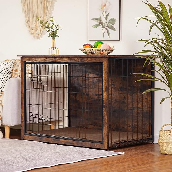 DWANTON Dog Crate Furniture with Cushion, Wooden Kennel Table with Double Doors, Indoor Dog House, Extra Large Size, 43.3" L, Rustic Brown