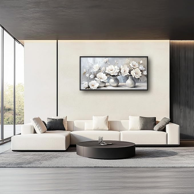 Large Farmhouse Floral Wall Art for Living Room, Framed Oversized White Flower Vase Wall Decor Grey Floral Canvas Painting Pictures Modern Artwork for Bathroom Bedroom Office Dining Room 60"x30"