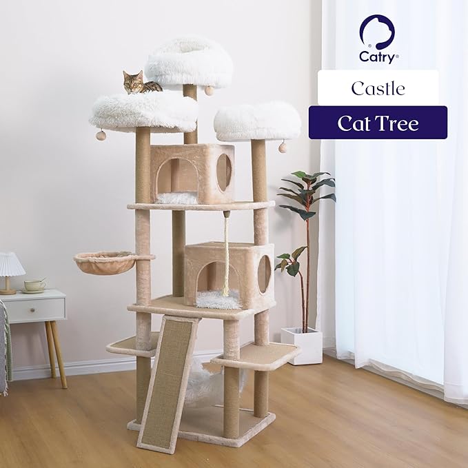 Catry 74.5" High 7-Level Extra Large Cat Tree with 2 Condos,2 Hammock,3 Washable Top Beds, Scratching Ramp Pad, Replaceable Scratching Posts, for Multi-Cat Homes (Light Brown &White)