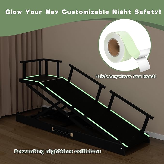 6 Level Height Adjustable Dog Ramp for Bed, Couch 65" Foldable Pet Ramp with Non-Slip Mat，DIY Glow Strips & Rest Platform Heavy Duty Dog Stairs for Large Dogs up to 200Lbs ，Black