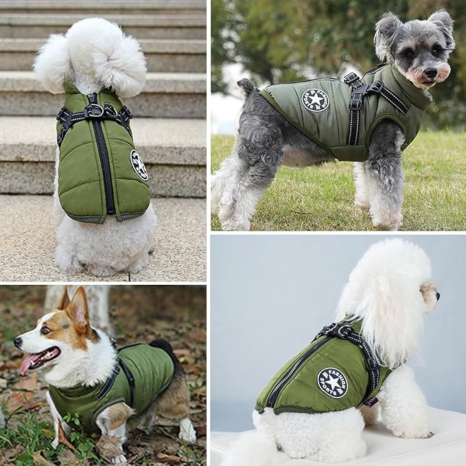 HDKUW Small Dog Jacket, Harness Winter Warm Vest Jacket Waterproof Cotton Costume for Puppy Small Dogs (XL, Green)