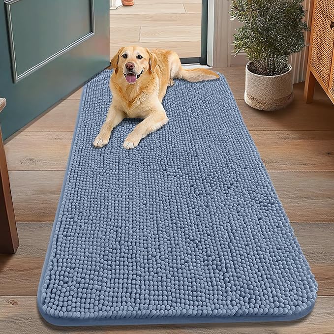Smiry Dog Door Mat for Muddy Paws 48x30, Absorbs Moisture and Dirt Doormat, Non-Slip Washable Quick Dry Chenille Front Door Mat Indoor Entrance, Entryway Carpet for Inside Floor, Airy Blue