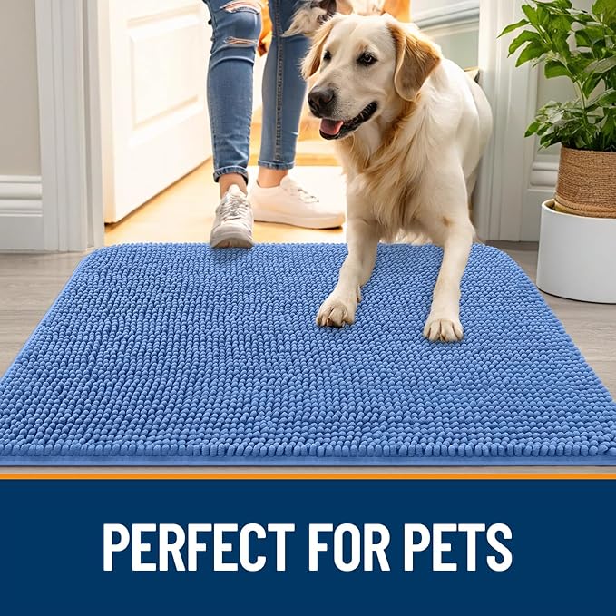 OLANLY Dog Door Mat for Muddy Paws 36x24, Absorbs Moisture and Dirt, Absorbent Non-Slip Washable Doormat, Quick Dry Chenille Mud Mat, Entry Indoor Entryway Carpet for Inside Floor, Cornflower Blue