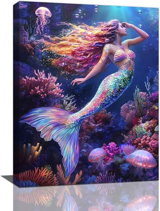 Sea Mermaid Bathroom Pictures Wall Art, Ocean Mermaid Bathroom Wall Decor, Aesthetics Framed Painting Canvas Artwork for Bedroom Living Room Decorations 16"L x 12"W
