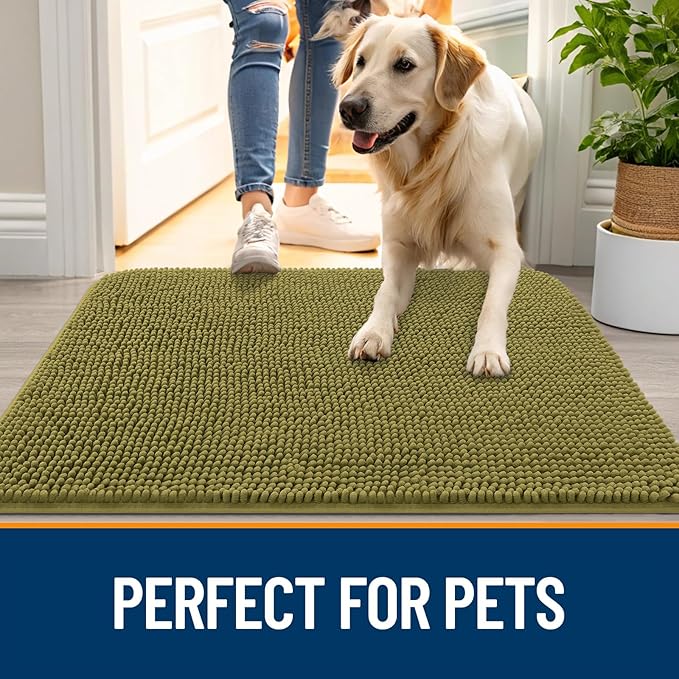 OLANLY Dog Door Mat for Muddy Paws 30x20, Absorbs Moisture and Dirt, Absorbent Non-Slip Washable Doormat, Quick Dry Chenille Mud Mat, Entry Indoor Entryway Carpet for Inside Floor, Willow Green