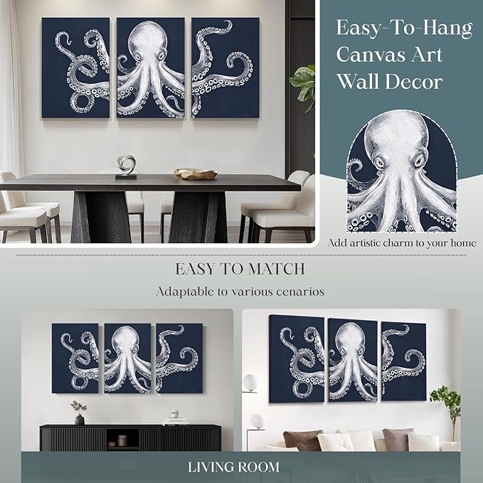 Octopus Wall Decor, Octopus Canvas Wall Art, Ocean Wall Decor,Sea Animal Canvas to Paint for Bathroom, Living Room, Bedroom (24" x 36" x 3 pcs)
